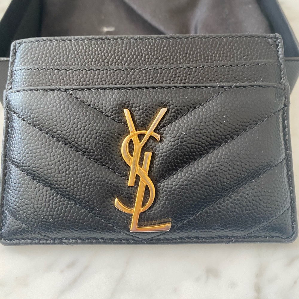 Black YSL Card Holder with Gold Hardware